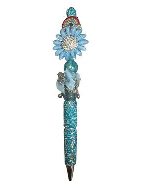 Glittery Blue Daisy & Rainbow Decorative Ballpoint Pen With Rhinestones